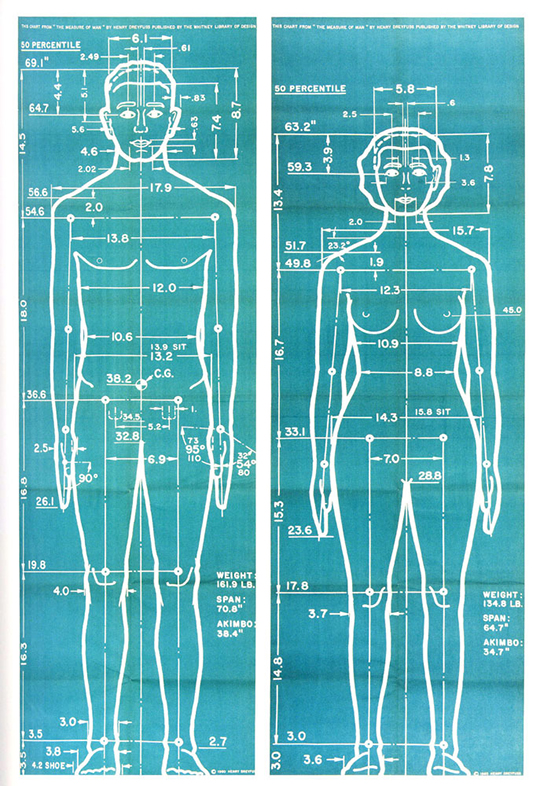 White drawing on blue background depict anatomical models of male and female bodies, marked "50th percentile," labeled with extensive body measurements