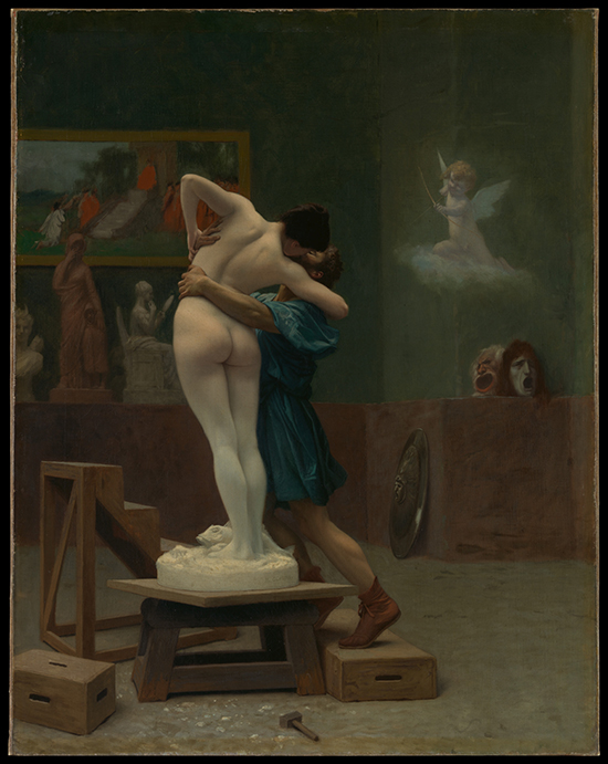 The sculpture of Galatea comes alive: A nude sculpture, seen from the back, embraces the sculptor in his studio
