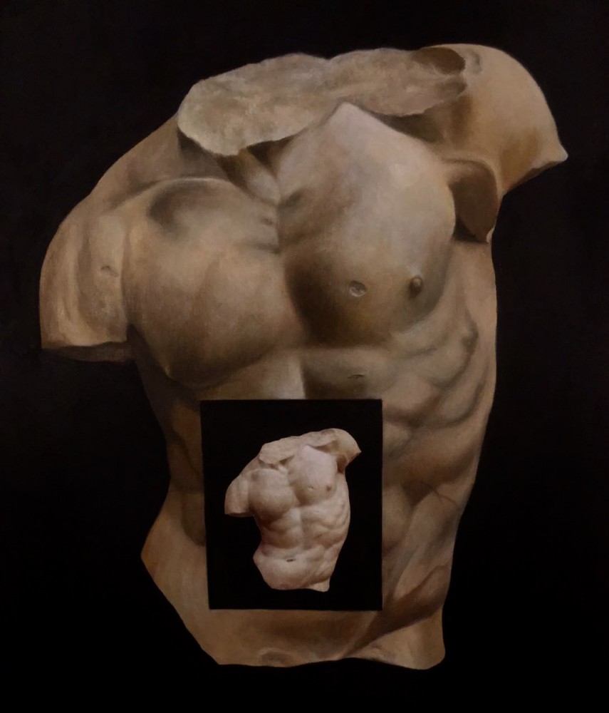 An image of a torso superimposed on the torso of another image of a torso.