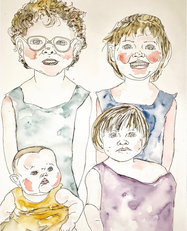 A drawing of four children: two older in back; in front: one younger girl, and one baby.