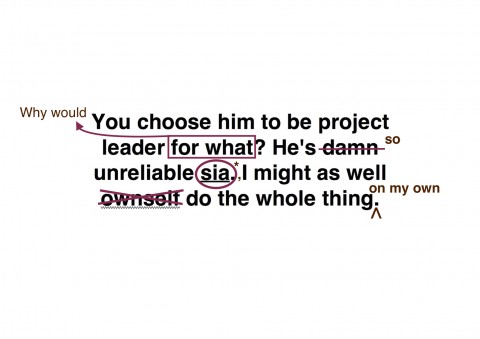 Text with edits, initially saying "You choose him to be project leader for what? He's damn unreliable sia. I might as well ownself do the whole thing." Edited to say "Why would you choose him to be project leader? He's so unreliable. I might as well do the whole thing on my own."