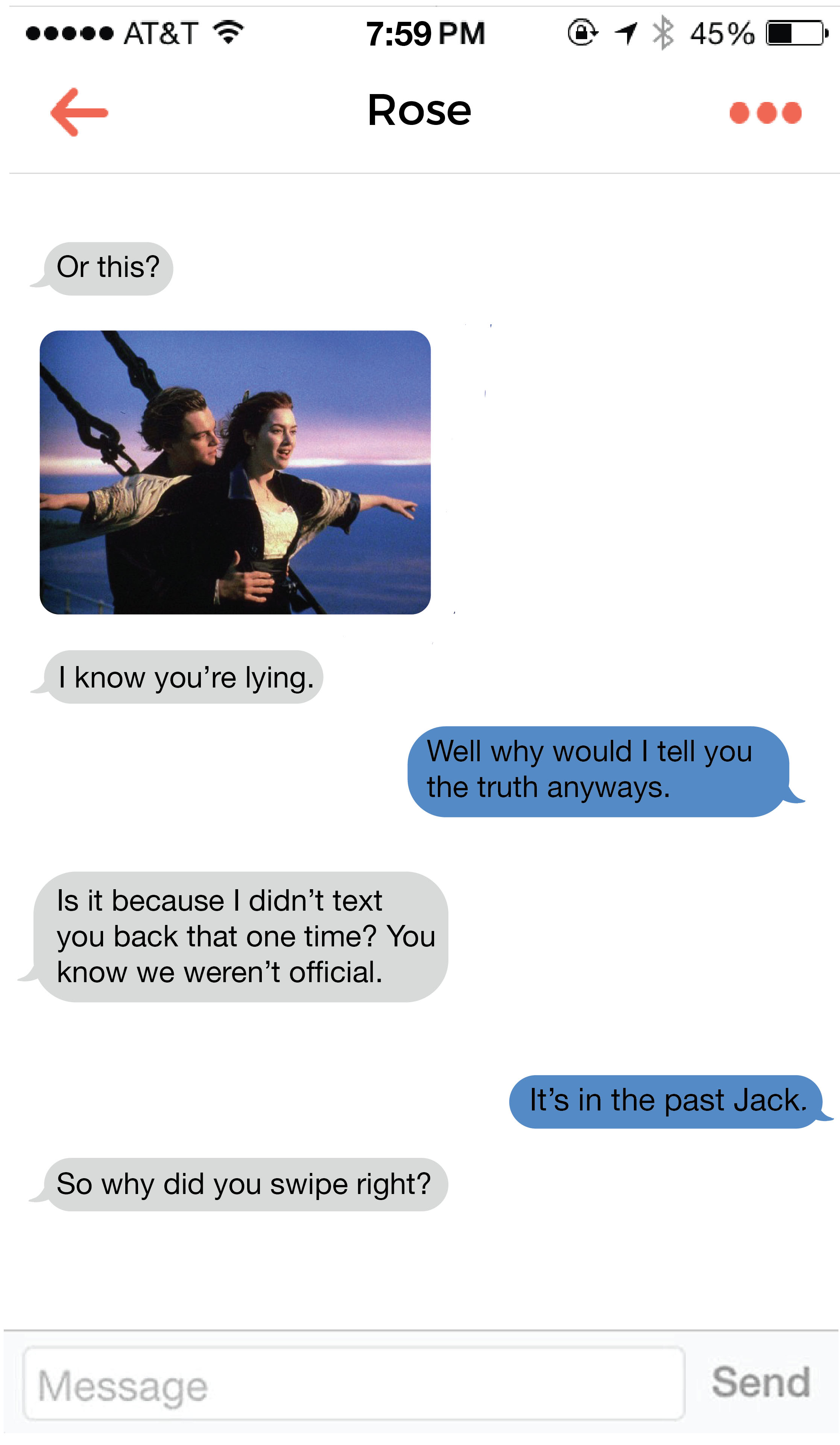 A chat between Jack and Rose: Rose insists that she does not remember Jack, even after he sends her a still of them on the deck of the Titanic, arms outstretched as Jack hugs Rose. 