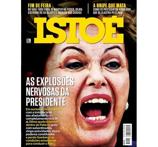magazine cover featuring closeup Dilma Rousseff, screaming