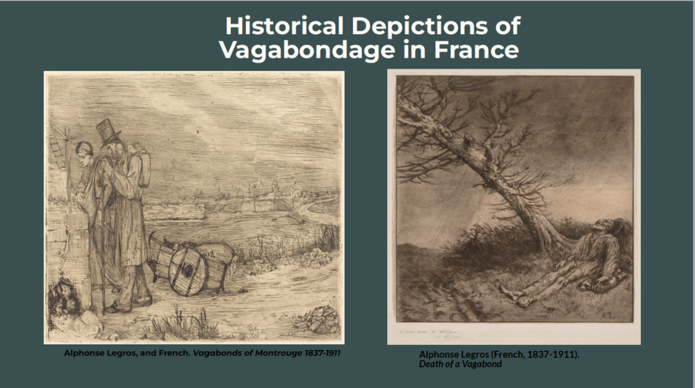 Teal slide with two images side by side displaying historical representations of vagabondage.