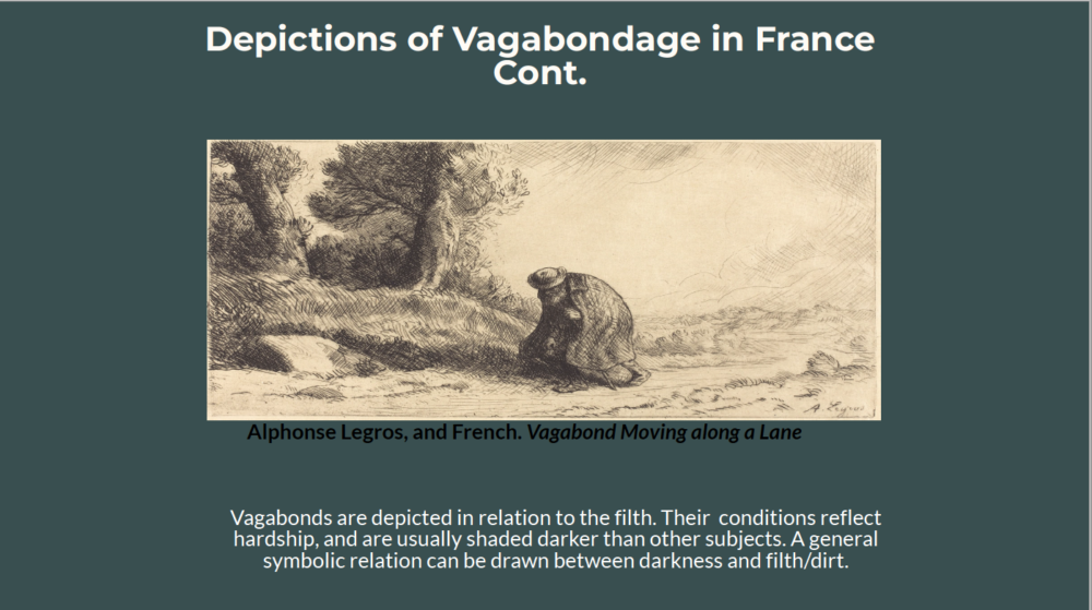 Teal slide with an image displaying a historical representation of vagabondange from France. 