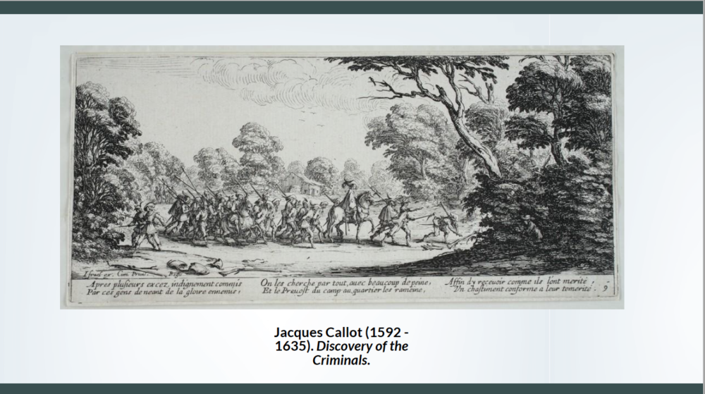 Etching of a group of armed men discovering criminals in a thicket.