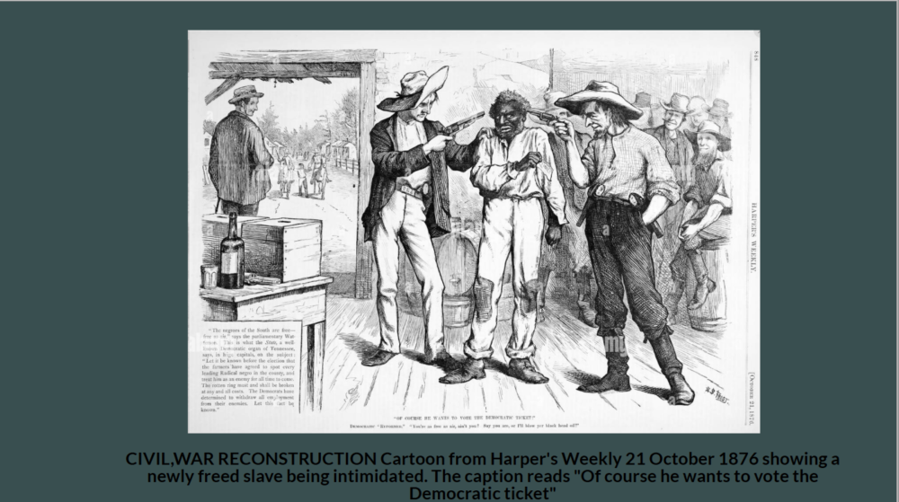 Image of a cartoon from Harper's Weekly 1876 depicting voter intimidation of a newly freed man.