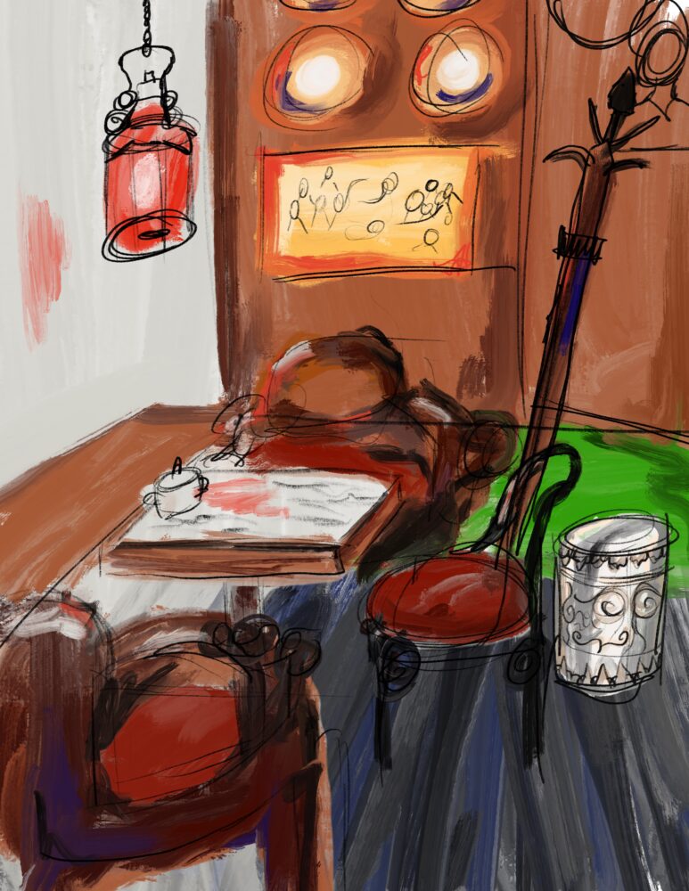 Cafe interior in red tones