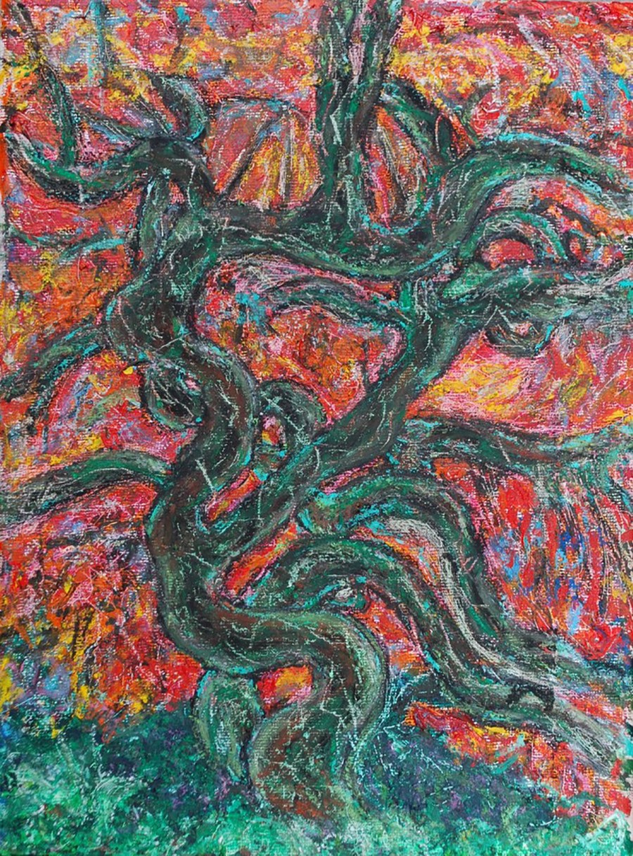 Drawing of complex tree branches with a red, orange and yellow background.