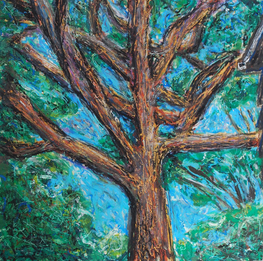 Drawing of complex tree branches with a blue leafy background.