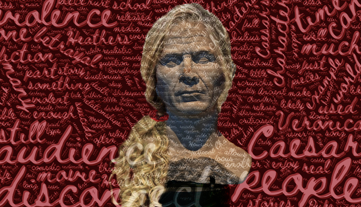 a bust of Julius Caesar wearing a blonde wig and red scrunchy against a maroon background overlaid with pink handwritten words related to violence and revenge