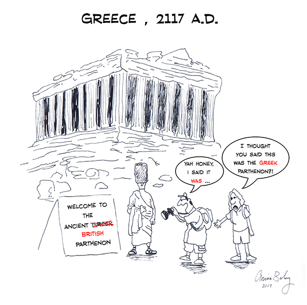 A cartoon featuring the Parthenon with a sign that says "Welcome to the Ancient British Parthenon" with a wife telling her husband that she though it was the Greek Parthenon.