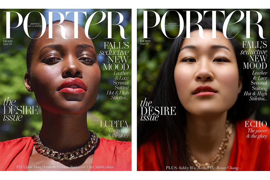 Side-by-side of Lupita Nyong'o's Porter cover with a recreation by Echo Chen: both women wear bright red tops and gaze toward the camera in an extreme close-up