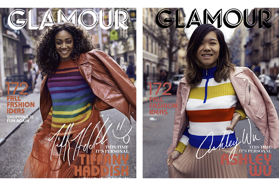 Side-by-side of Tiffany Haddish's Glamour cover, with a recreation by Ashley Wu: both women are on the street wearing rainbow colors, smiling toward the camera with their arms in mid-movement. 