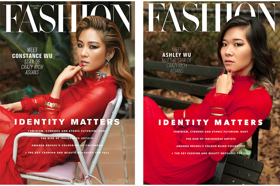 Side-by-side of Constance Wu's Fashion cover with a recreation by Ashley Wu, both women wear a bright red dress and sit in a lounge chair, gazing toward the camera. 