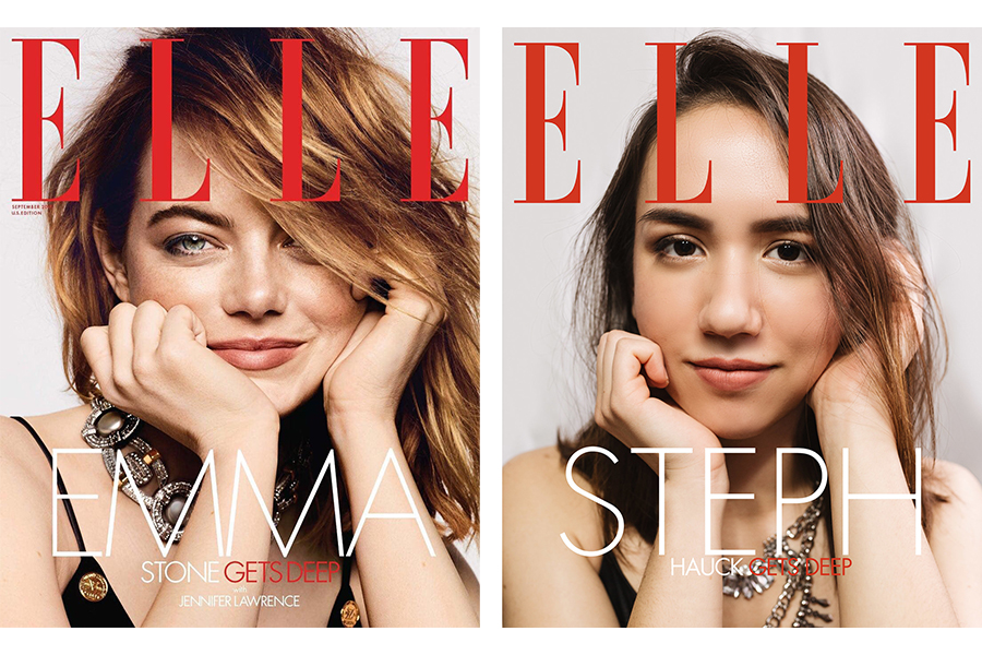 Side-by-side of Emma Stone's Elle cover and a recreation by Stephanie Hauck: both women hold their chin in their hands and smile toward the camera in an extreme close-up.
