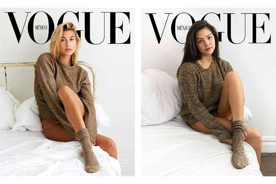 Side-by-side of Hailey Beiber's Mexico Vogue cover and a recreation, in which both women sit on a bed in a brown sweatshirt and socks, gazing toward the camera. 