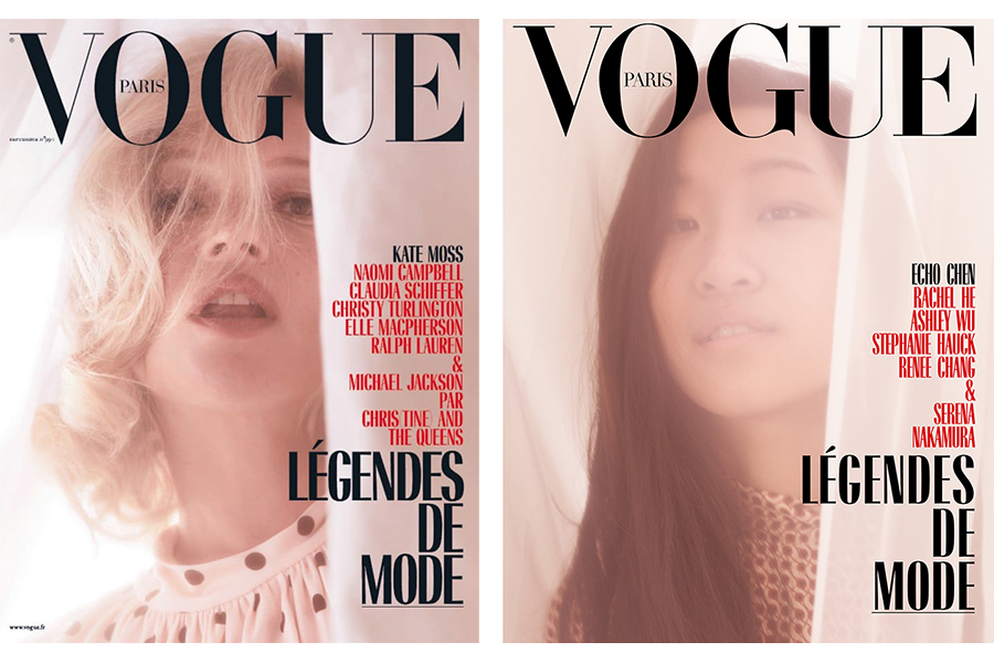 Side-by-side of Kate Moss' Vogue Paris cover and a recreation by Echo Chen: a close-up of both women's faces in a halo of white light. 