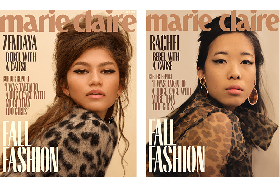 Side-by-side of Zendaya's marie claire cover and a recreation by Rachel He: both women wear leopard print and look over their shoulder toward the camera. 