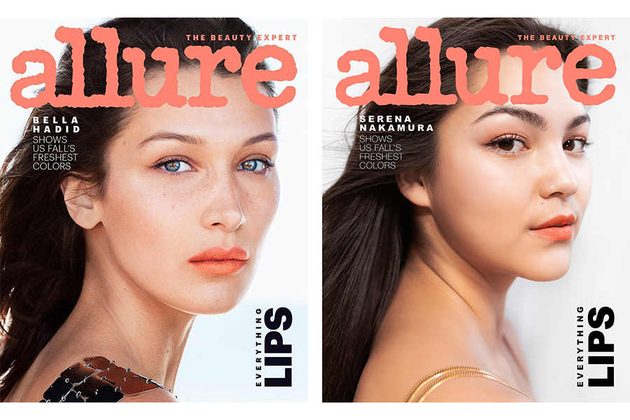 Side-by-side of Bella Hadid's allure cover with a recreation by Serena Nakamura: both women look over their right shoulder to gaze toward the camera. 