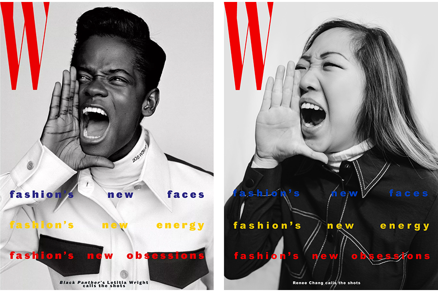 Side-by-side of Letitia Wright's W magazine cover with a recreation by Renee Chang: both women hold a hand to their mouth in mid-shout. 