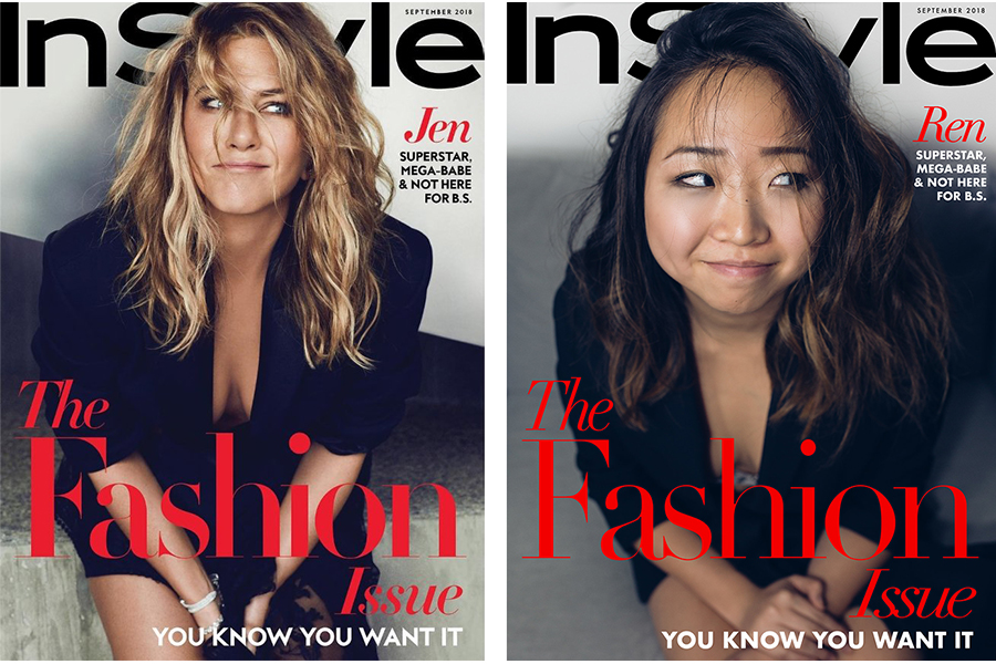 Side-by-side of Jennifer Anniston's InStyle cover with a recreation by Renee Chang: both women have tousled hair and smile with looking to their left.,