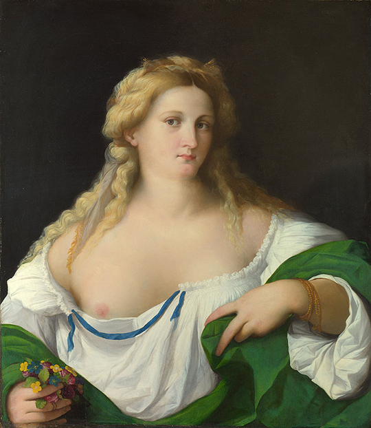 Oil painting of a woman with long, blonde hair, right breast exposed and flowers in her right hand