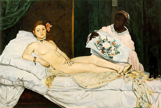 A painting of a woman, nude laying on a bed, with a Black enslaved woman at her bedside showing her flowers. 