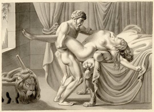 Drawing depicting a couple making love, the man standing, lion skin to the left, bed in background