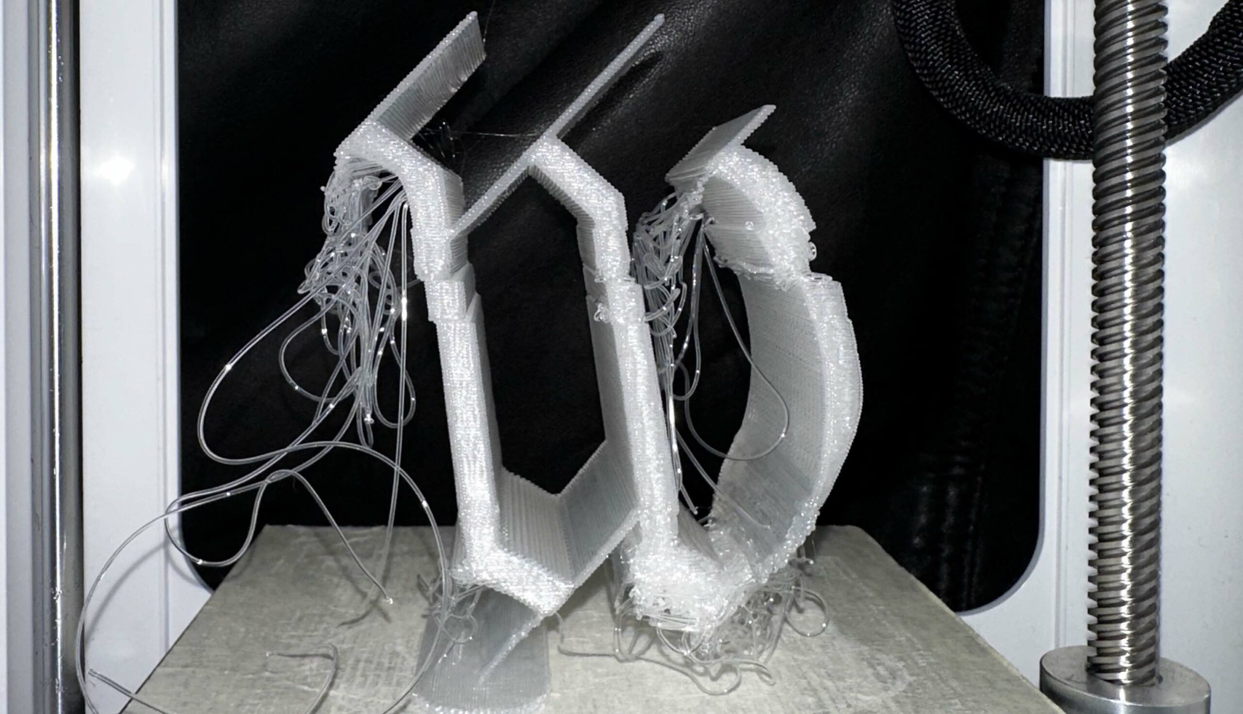 The first letter of the American Preamble, ‘W’, as it finished on the 3D printer.
