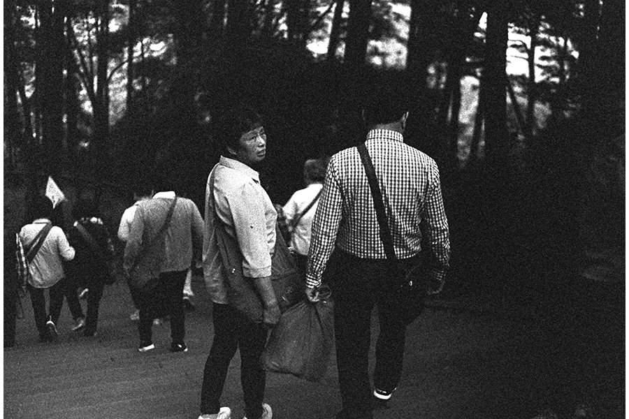 Black and white people of several people descending outdoor stairs, as seen from behind;  one person nearest the top of the stairs looks back