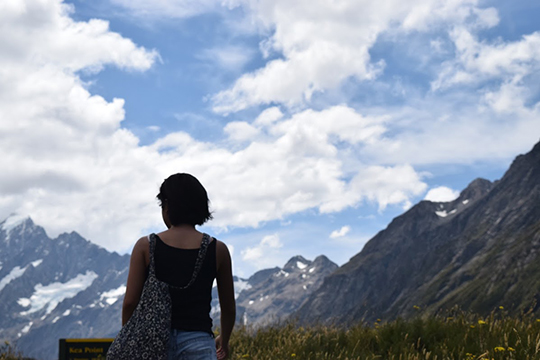 Photograph of a person, taken from behind, looking out at the mountains from a meadow