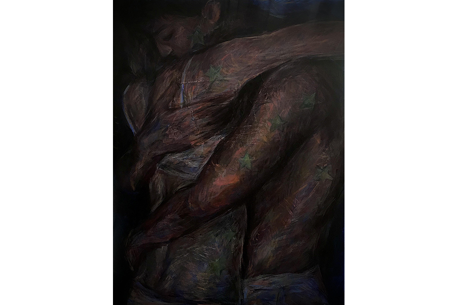 An embrace rendered over a formerly broken canvas, symbolic of the mending quality of love