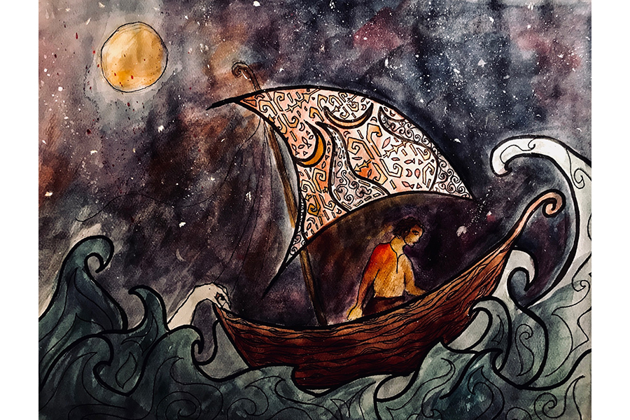Ink and watercolor drawing of a small ship on rough seas, dark sky, bright, full moon