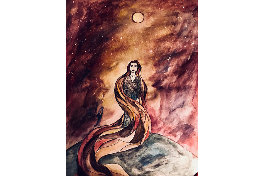 Watercolor and ink drawing depicting a female figure with flowing robes against a dramatic red sky, under a full moon high in the sky
