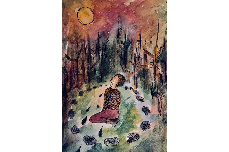 Watercolor and ink drawing of a man kneeling on the ground, surrounded by a ring of stones. In a colorful sky, a full moon.