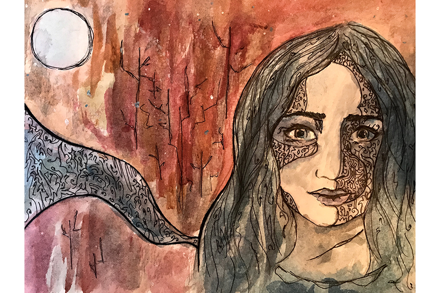 Watercolor and ink drawing depicting a close-up of a woman, her face partly in shadow. The otherwise undefined background shows a full moon.