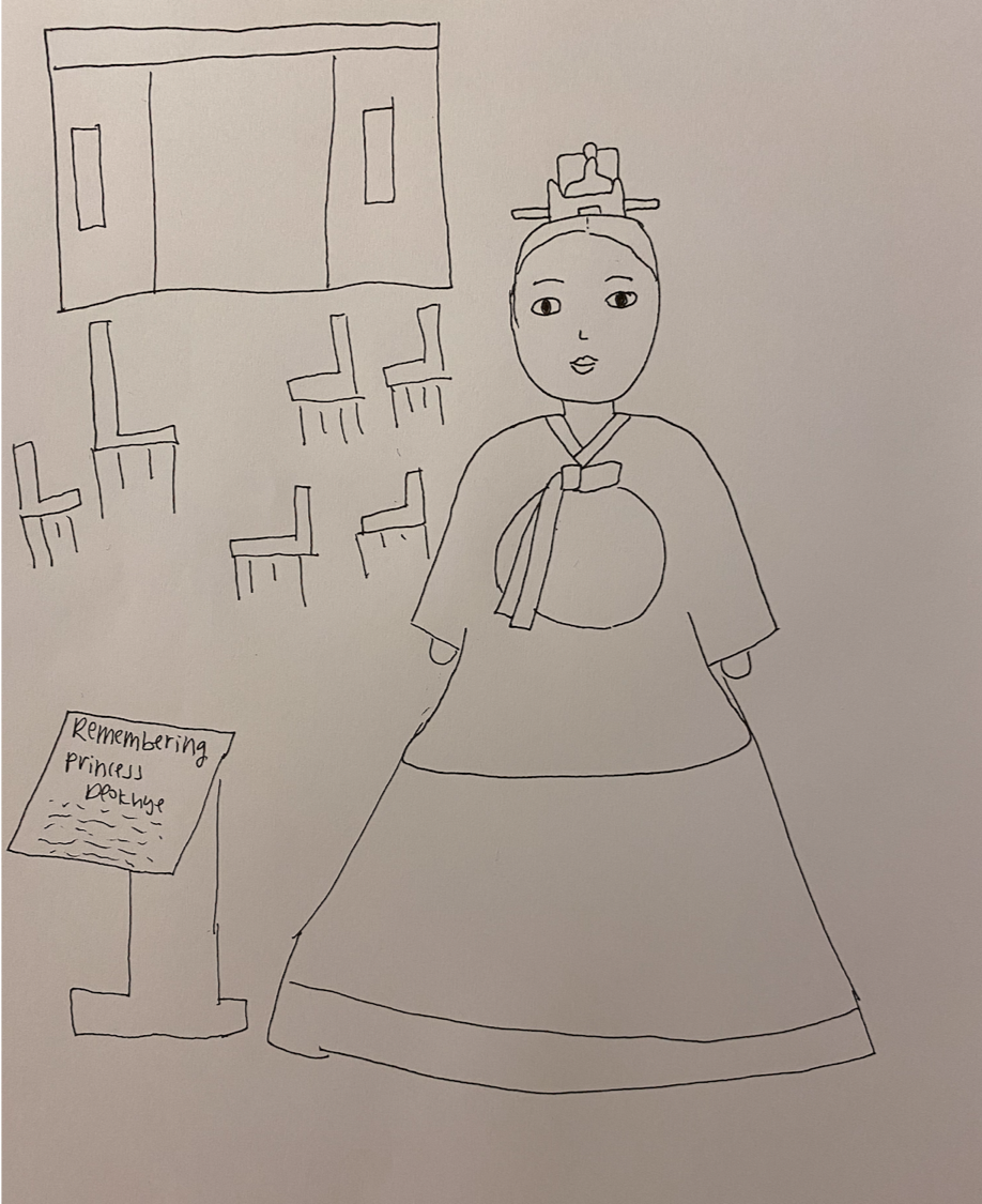 Sketch of a female figure dressed in hanbok at large scale, at the center of a public square with seating