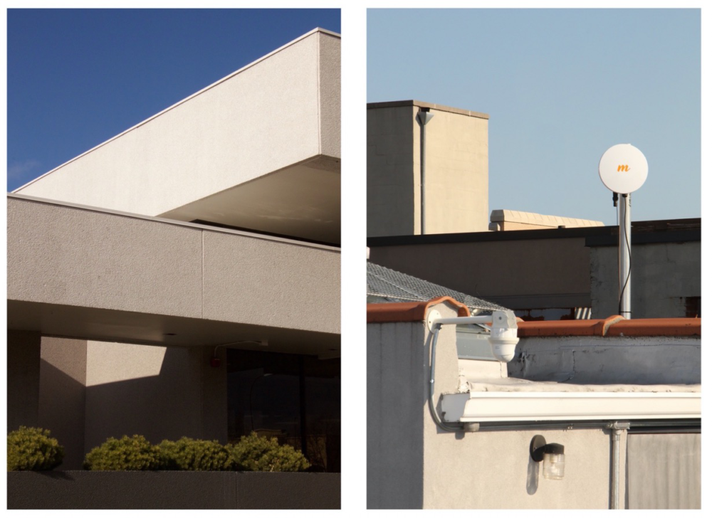 pair of photographs, angular concrete windowless building accompanied by concrete roofline with tv disk, blue skies;