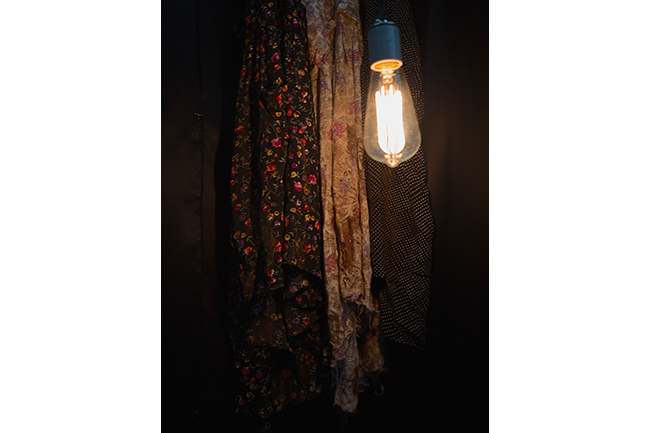 An Edison light bulb, illuminating a pair of floral-printed dressed hanging on a wall. 