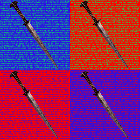 Image in four quadrants: in each an image of a dagger appears collaged over a bright background with very small text from "Romeo and Juliet"