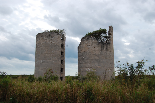 Two round decaying buildings in a field.