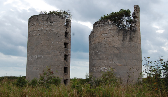 Two decaying buildings in a field.