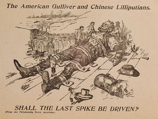 A giant tied down by smaller people with the caption "The American Gulliver and Chinese Lilliputians / Shall the last spike be drive?"