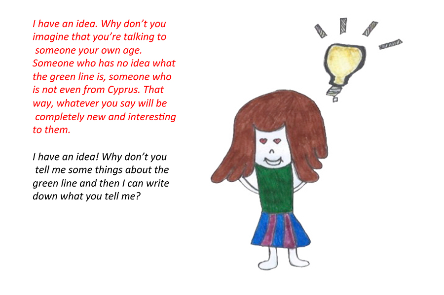 The drawn woman figure, now with a light bulb over her head: the child asks Mom to tell her what she knows about the Green Line.
