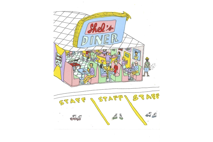 Illustration of a building with a large neon display on the roof reading "Shell's Diner"; in the foreground is a parking lot where a pair of roller skates is in each of three spots marked "staff"; the interior of the diner, visible as if a doll-house is bustling; on the side of the building a man smokes