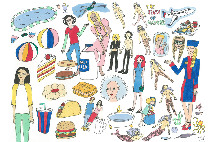 A collage-like illustrations showing various food products, people of varying genders, ages, and styles, including a series of one person in transition from person to mermaid (or vice versa), an airplane, a swimming pool, beach balls, and text that reads "The Death of Nature"