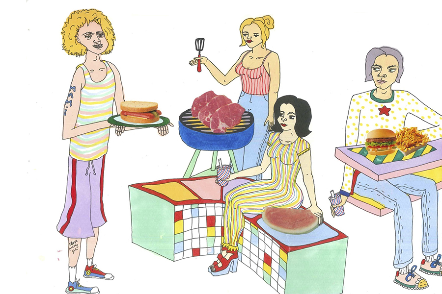 Illustration of four people at a barbecue; the foods they eat or prepare are photographs collaged onto a drawing: one holds a hot dog on a plate, another grills stakes, another sits with a large piece of watermelon, a fourth sits at a table with a hamburger