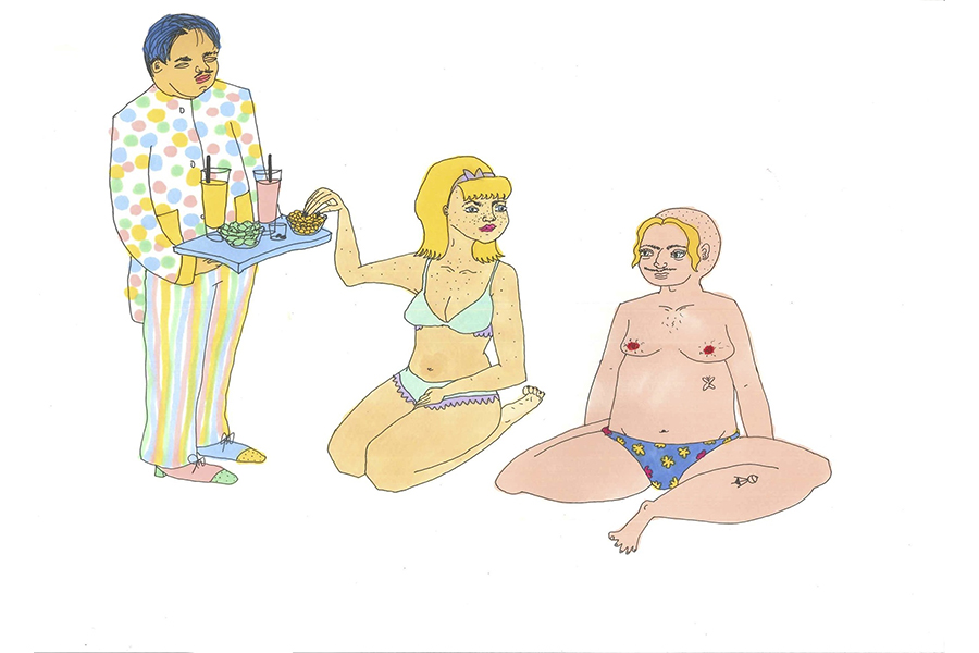 Illustration of two people sitting in bathing suits, behind them stands a man in a pastel polka-dot suit jacket holding a tray of food and two drinks; one of the people sitting reaches up to take the food without looking at the man who is holding it