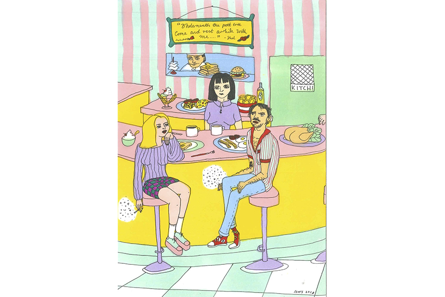Illustration of the interior of a diner; a pink pastel counter at which two customers sit, angled toward each other, with breakfast behind them; behind them is a server, looking straight out; behind her are plates of food ready to be delivered and a square window into the kitchen where a chef, order tickets, a burger and a stack of toast can be seen